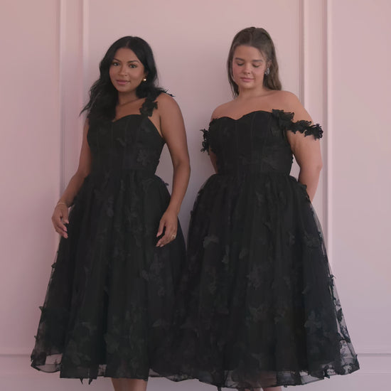 Mariposa Corset Butterfly Appliqué Midi Dress - Black