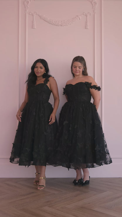 Mariposa Corset Butterfly Appliqué Midi Dress - Black