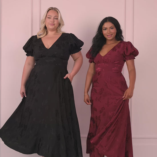 Mila Puff Sleeve Jacquard Floral Satin V-Neck Midi Dress - Burgundy