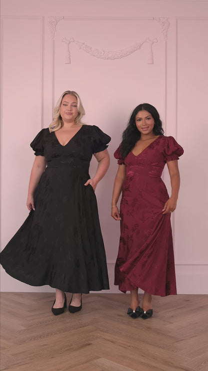 Mila Puff Sleeve Jacquard Floral Satin V-Neck Midi Dress - Burgundy