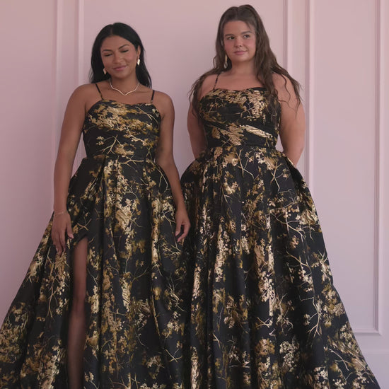 Arabella Sleeveless Gold Foil High Slit Formal Dress - Black