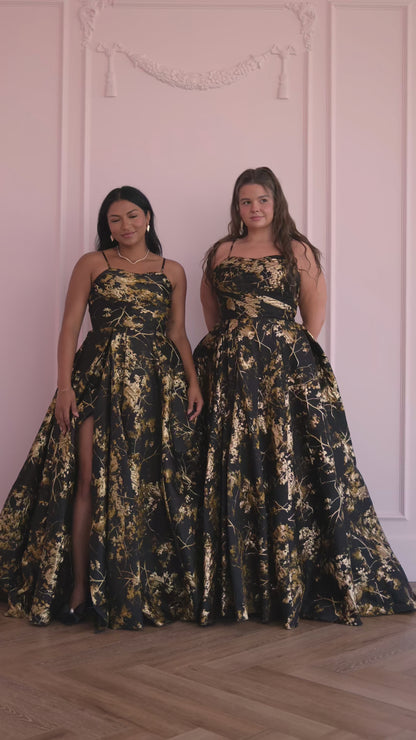 Arabella Sleeveless Gold Foil High Slit Formal Dress - Black