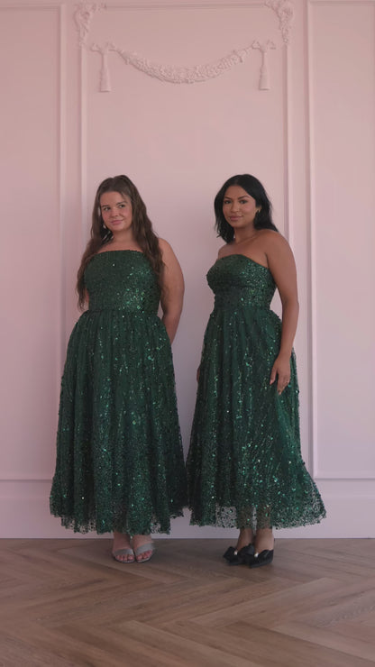 Elphie Strapless Sequin Corset Midi Dress - Green