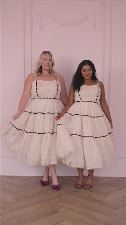 Monroe Polkadot Velvet Ribbon Trim Dress - Cream