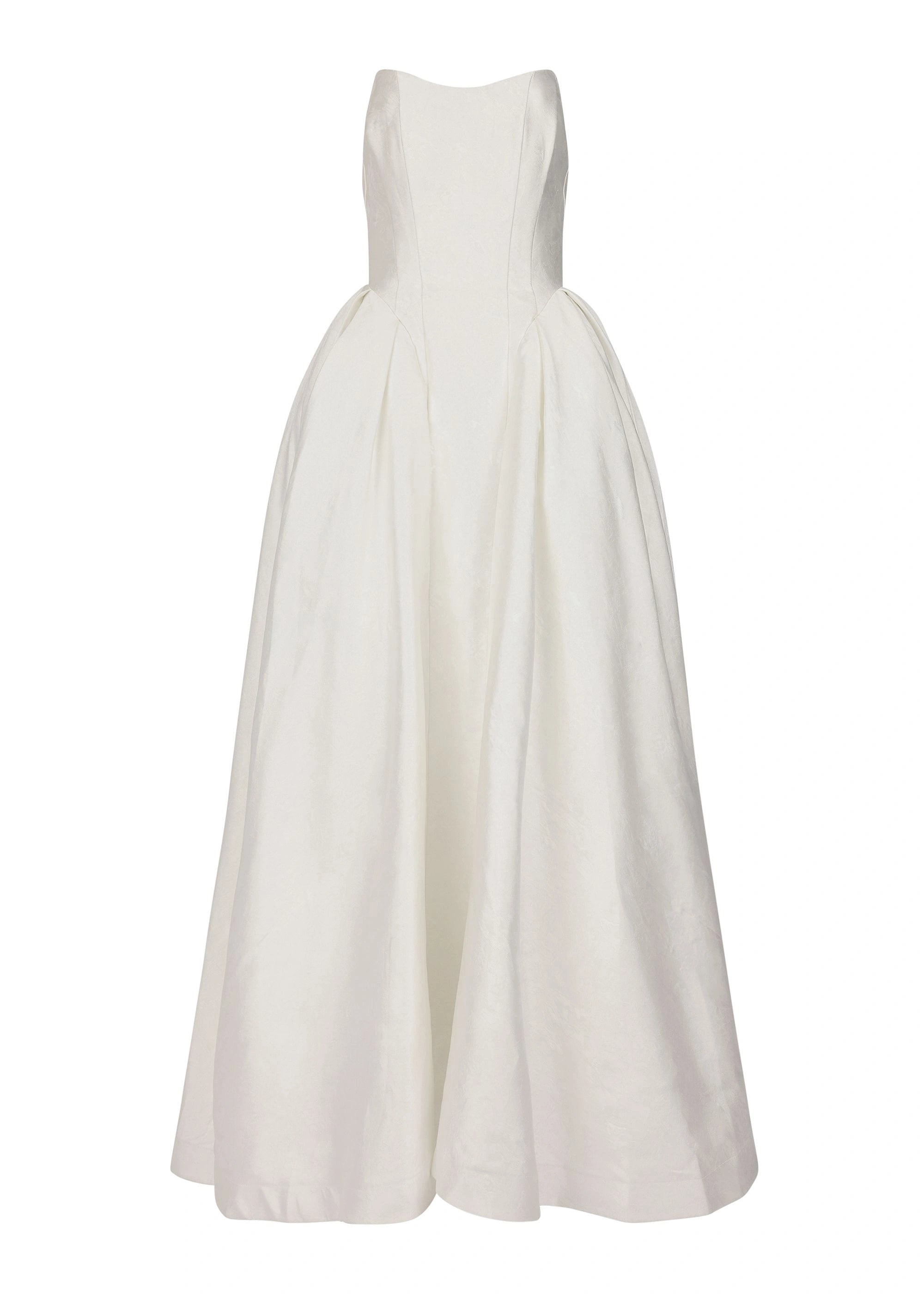 A white, sleeveless, knee-length dress with a fitted bodice and full skirt.