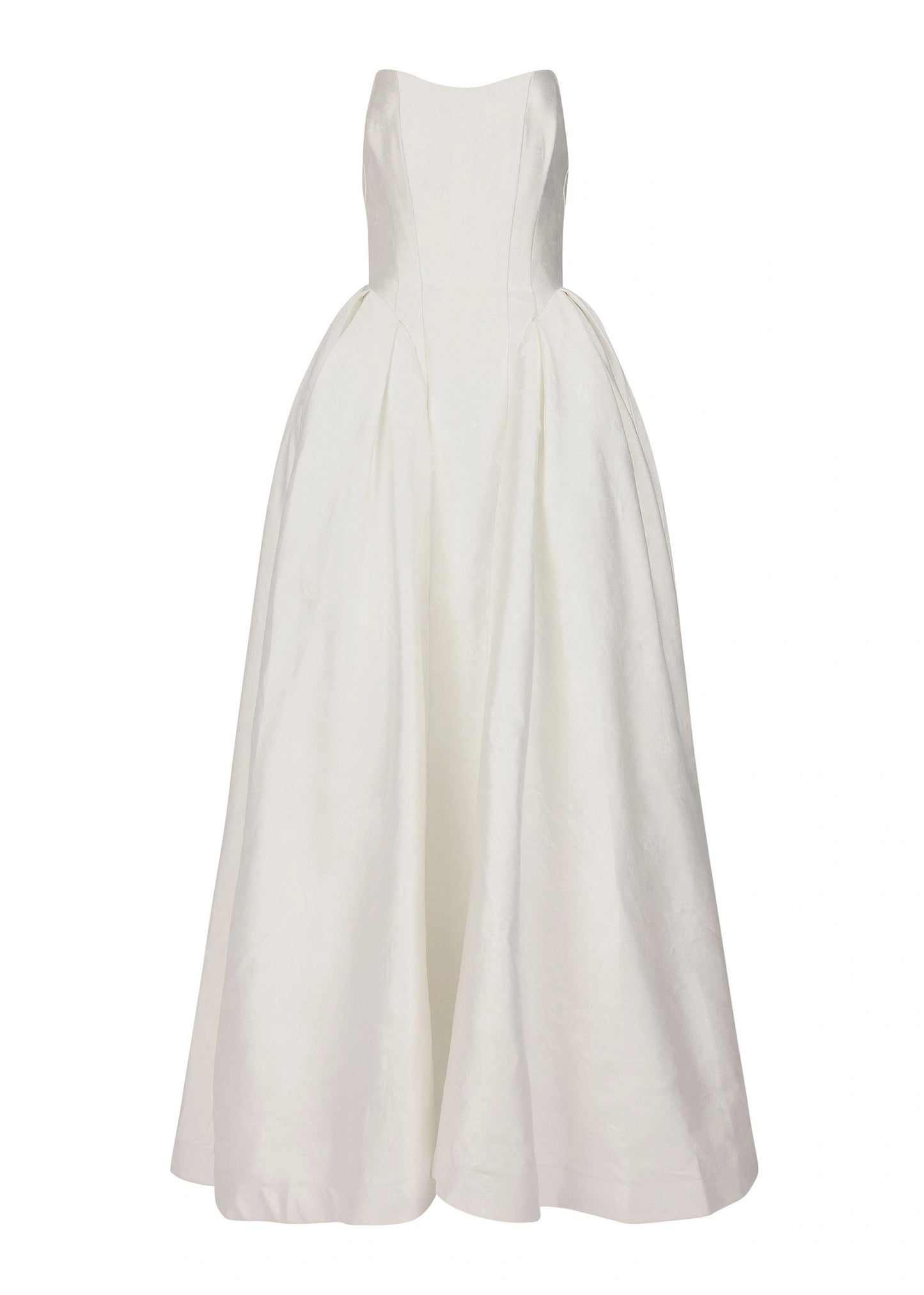 A white, sleeveless, knee-length dress with a fitted bodice and full skirt.