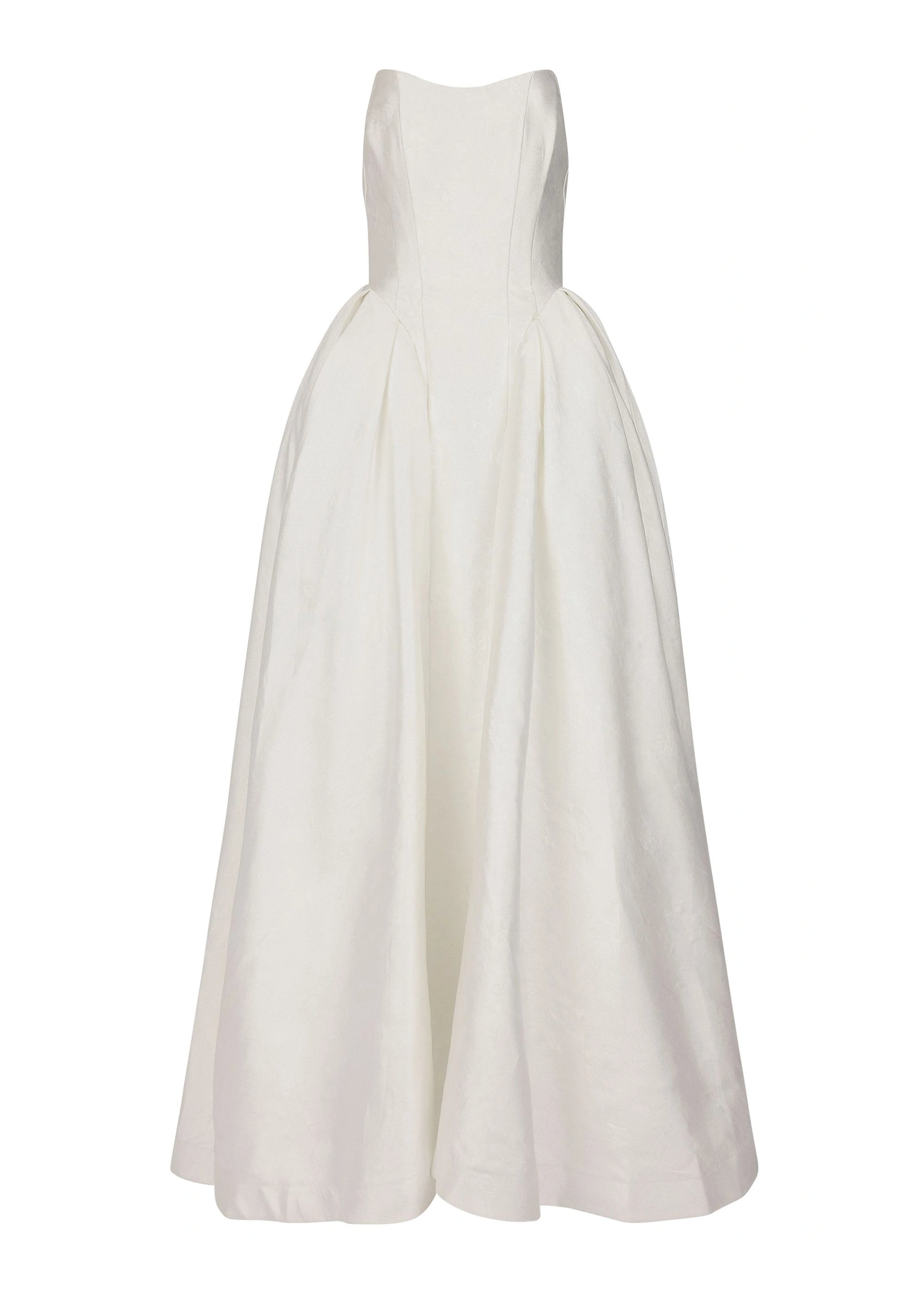 A white, sleeveless, knee-length dress with a fitted bodice and full skirt.