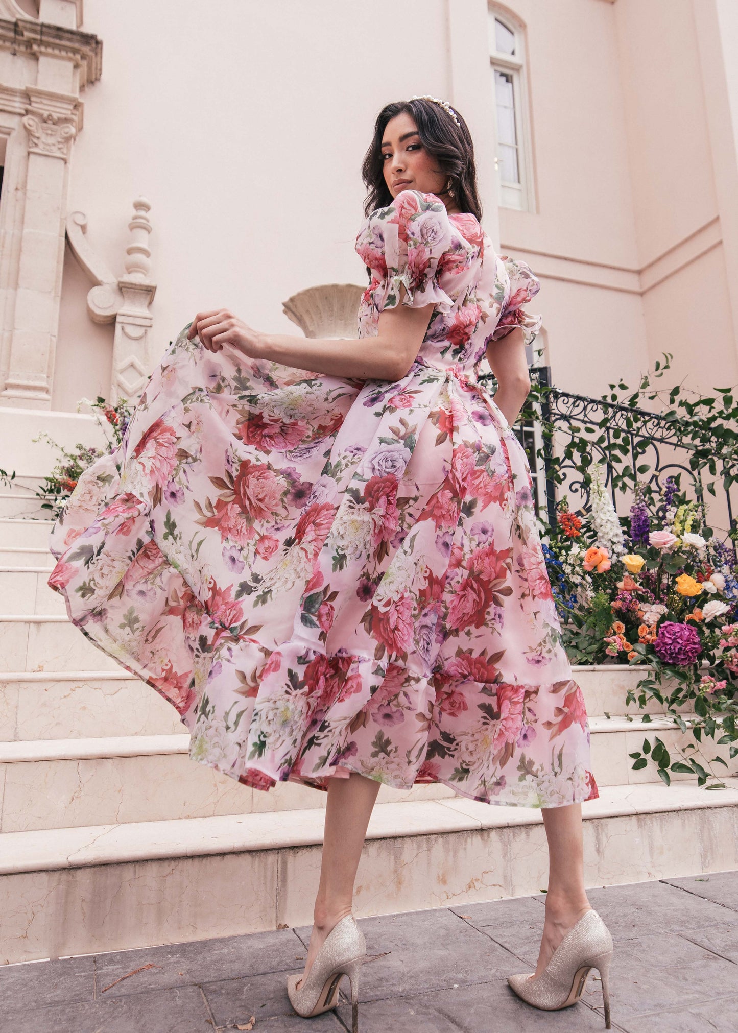 chic size inclusive model wearing JessaKae Amelia Dress Dresses Dress_Peach Blossom / XS