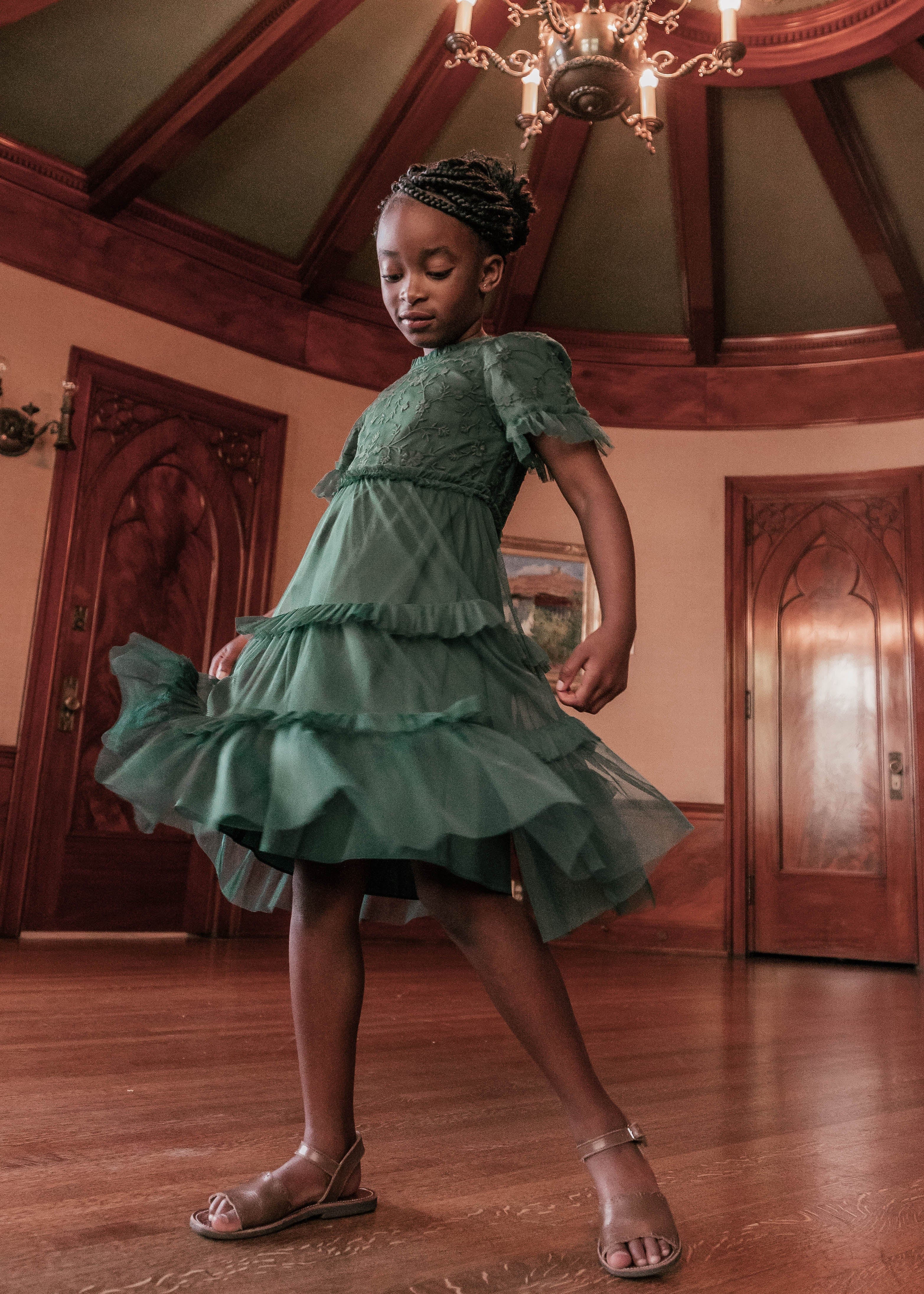 Harper Girls Dress - Dark Green