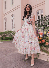 chic size inclusive model wearing JessaKae Margaret Midi Dress Dresses_White Floral