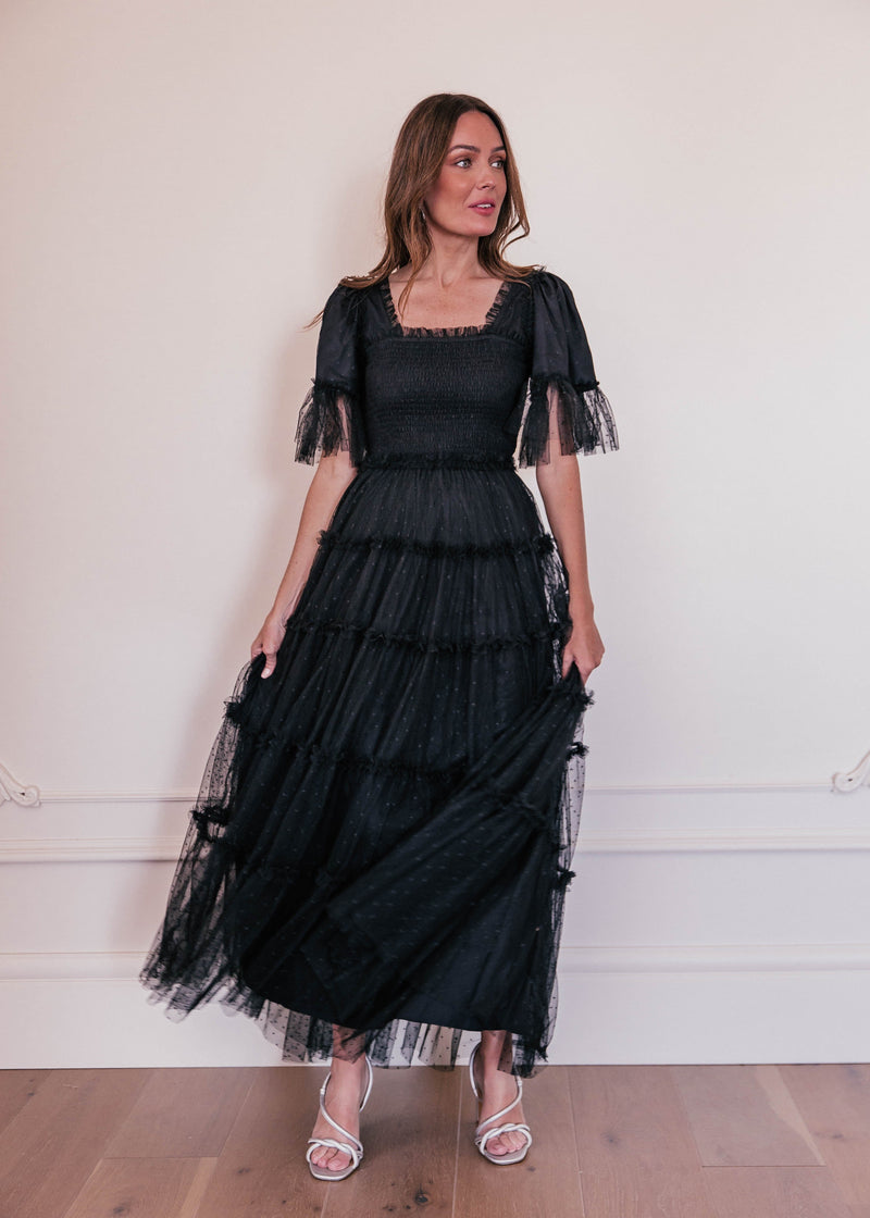 chic size inclusive model wearing JessaKae Senna Tulle Dress Black / XXS Dresses