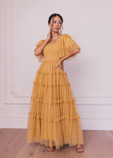 chic size inclusive model wearing JessaKae Senna Tulle Dress Honey Gold / XXS Dresses